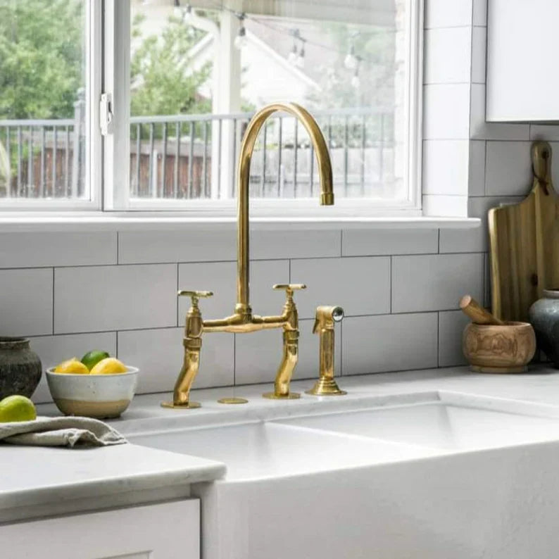 Unlacquered Brass curved legs bridge faucet