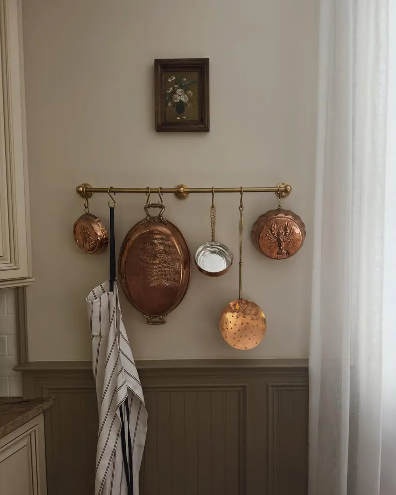 Unlacquered Brass Pot Rail with S Hooks – Antique Style Handmade Gold Brass Pot Rack, Rustic Wall & Ceiling Mounted Vintage Kitchen Storage