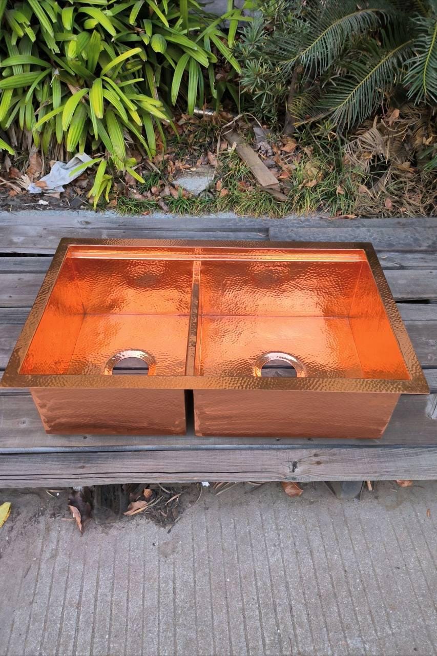Handcrafted Hammered Copper Double Kitchen Sink – Farmhouse Style with Customizable Dimensions