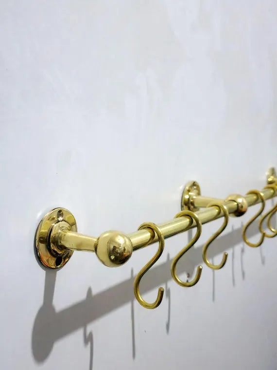 Unlacquered Brass Pot Rail with S Hooks – Antique Style Handmade Gold Brass Pot Rack, Rustic Wall & Ceiling Mounted Vintage Kitchen Storage