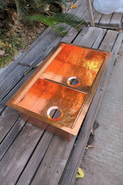 Handcrafted Hammered Copper Double Kitchen Sink – Farmhouse Style with Customizable Dimensions