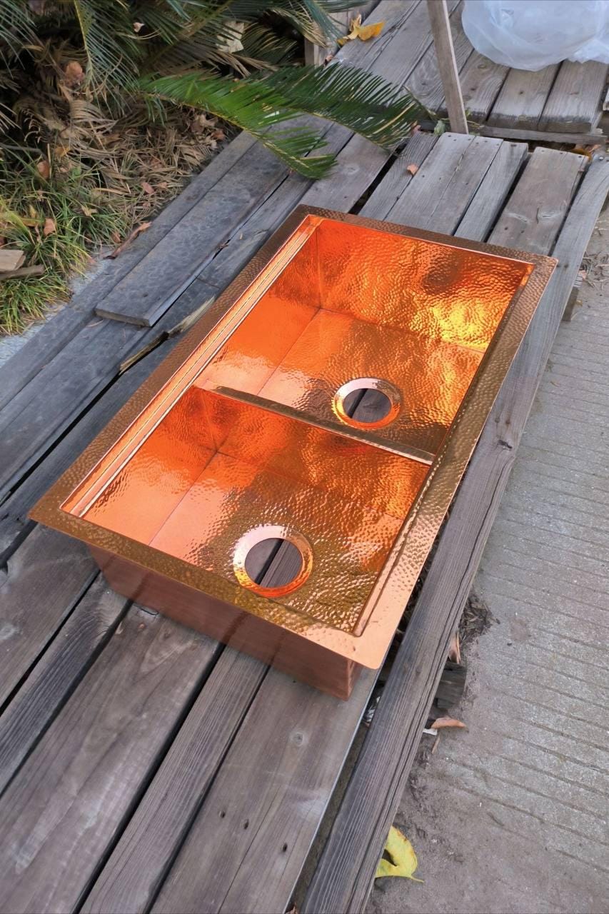 Handcrafted Hammered Copper Double Kitchen Sink – Farmhouse Style with Customizable Dimensions