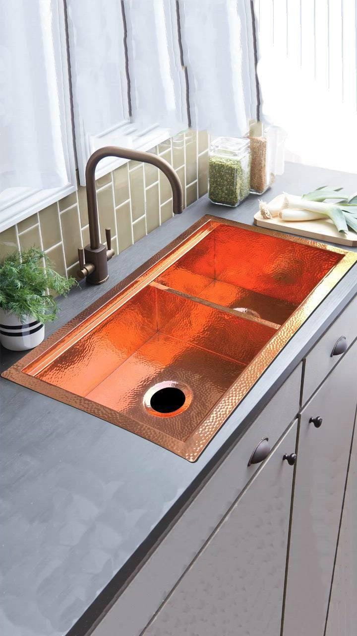 Handcrafted Hammered Copper Double Kitchen Sink – Farmhouse Style with Customizable Dimensions
