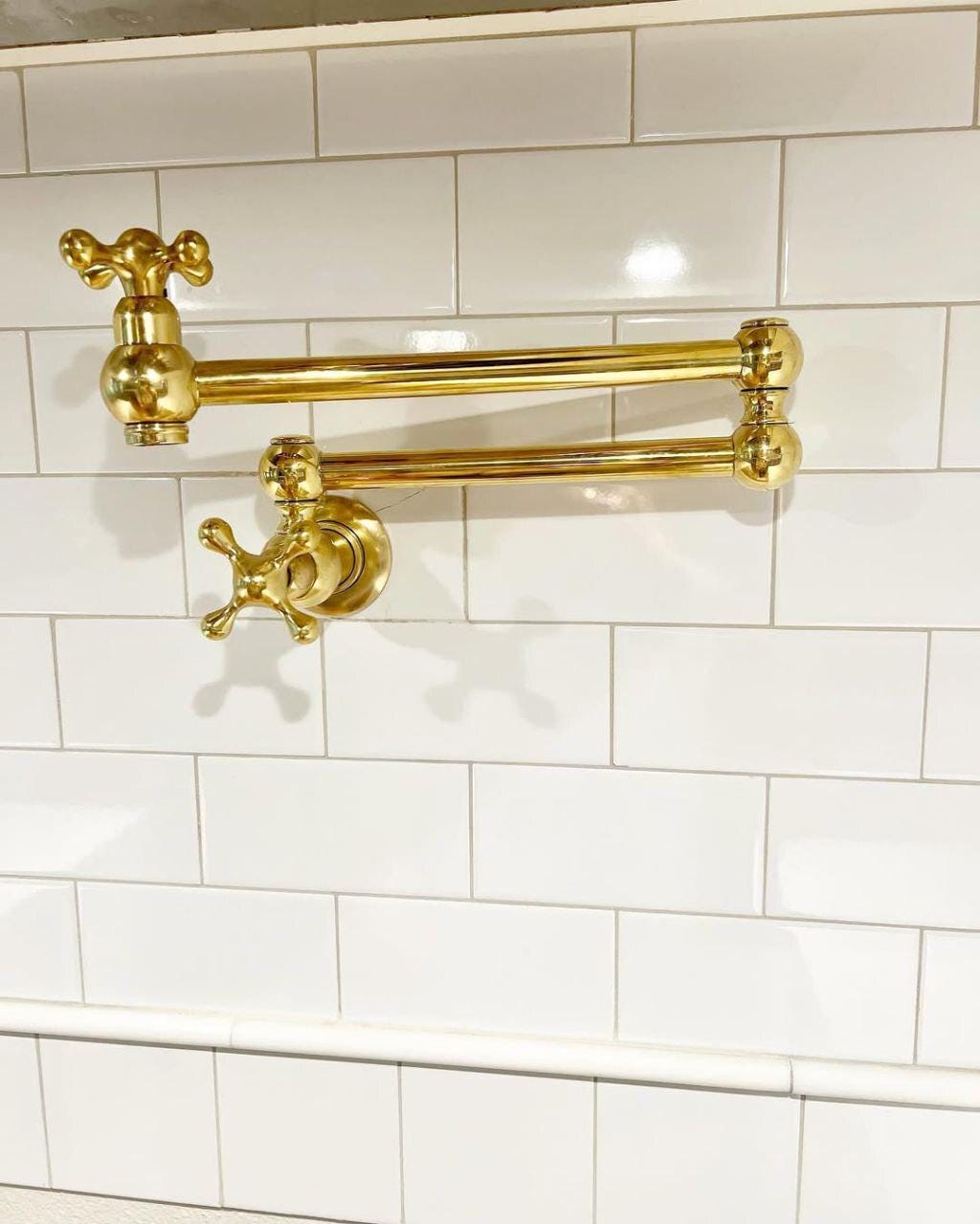 Unlacquered Brass Pot Filler with Cross Handle, Kitchen Brass Pot Filler, Antique Brass Pot Filler, Wall Mount Brass Faucet, Pasta Faucet