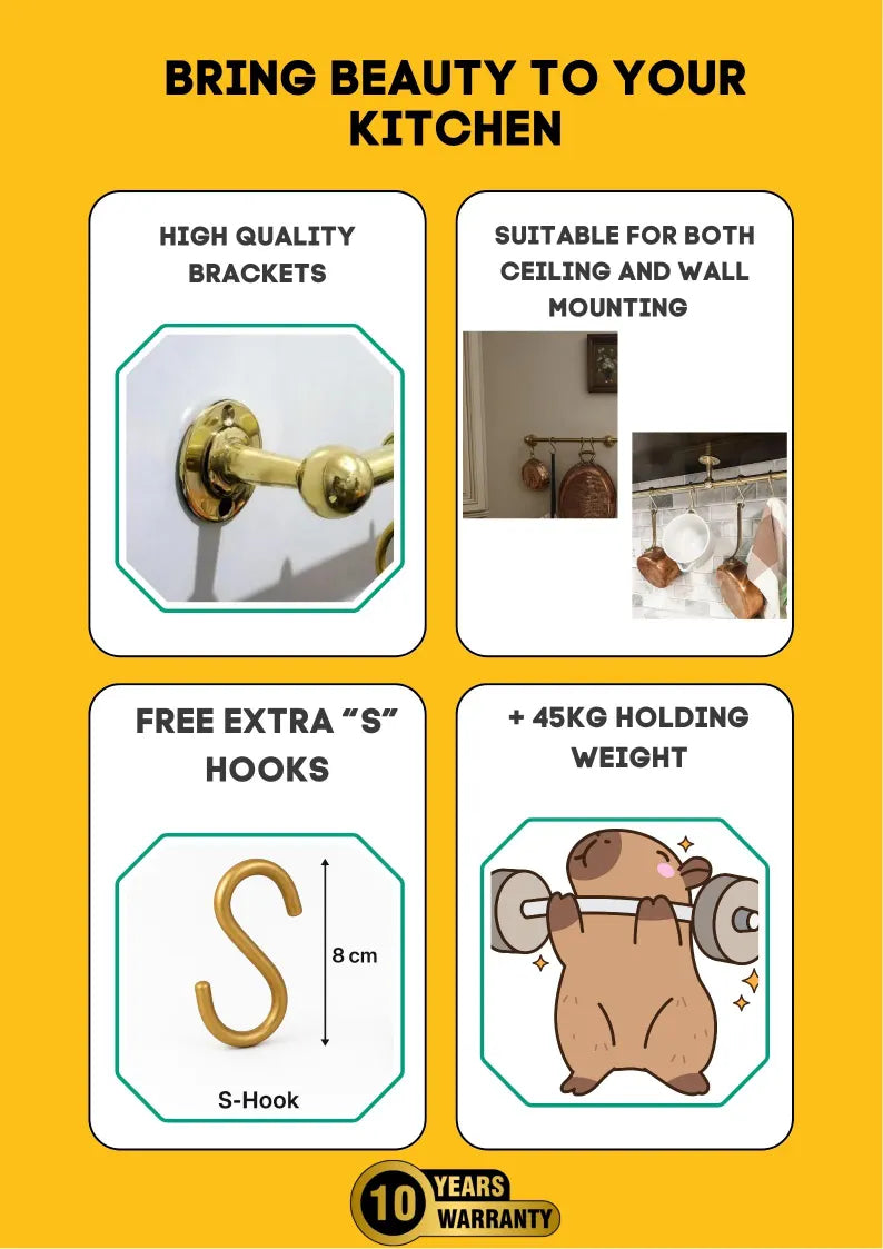 Unlacquered Brass Pot Rail with S Hooks – Antique Style Handmade Gold Brass Pot Rack, Rustic Wall & Ceiling Mounted Vintage Kitchen Storage