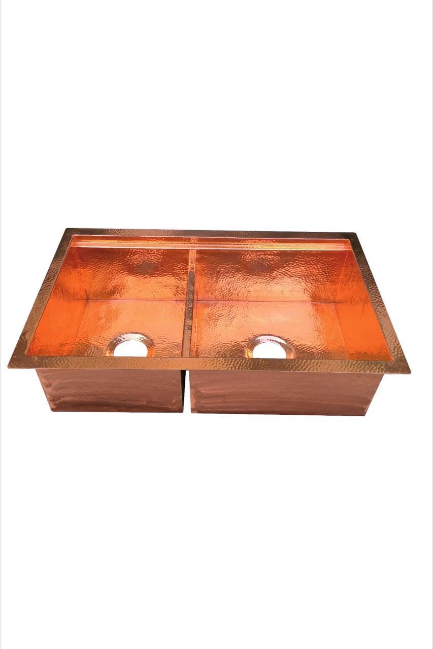 Handcrafted Hammered Copper Double Kitchen Sink – Farmhouse Style with Customizable Dimensions