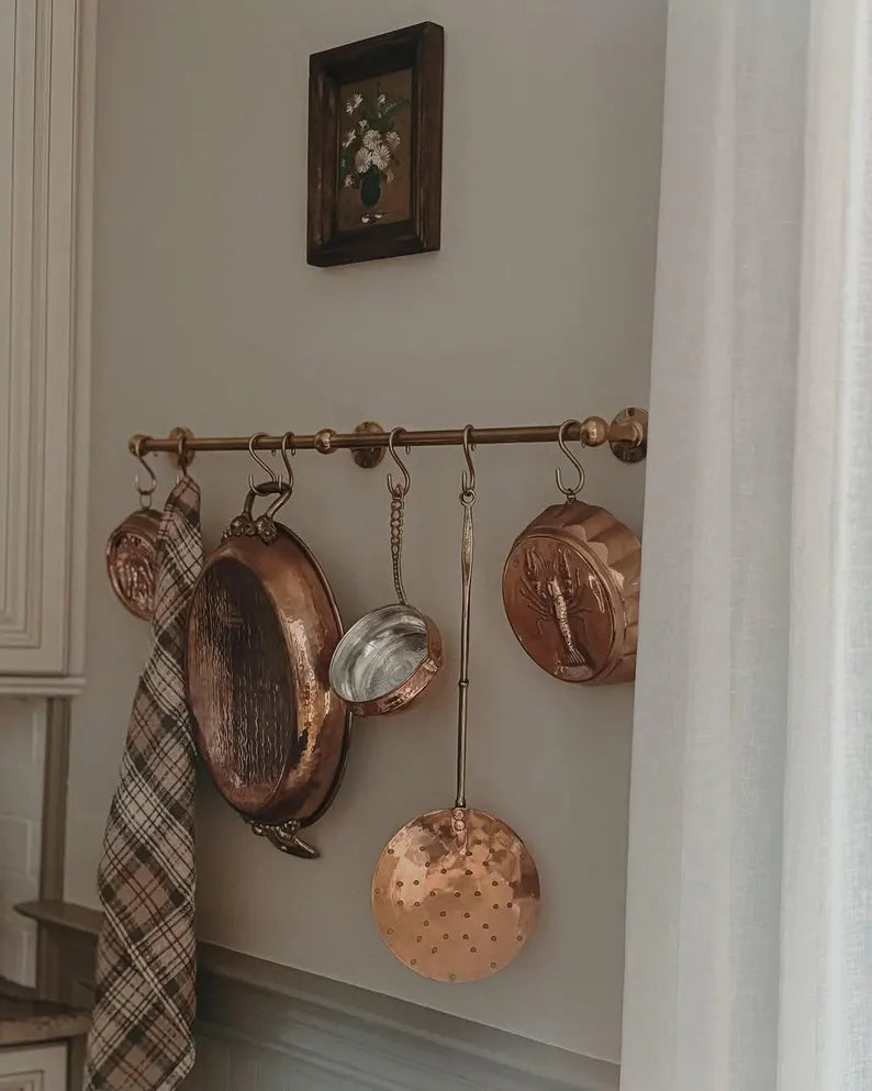 Unlacquered Brass Pot Rail with S Hooks – Antique Style Handmade Gold Brass Pot Rack, Rustic Wall & Ceiling Mounted Vintage Kitchen Storage