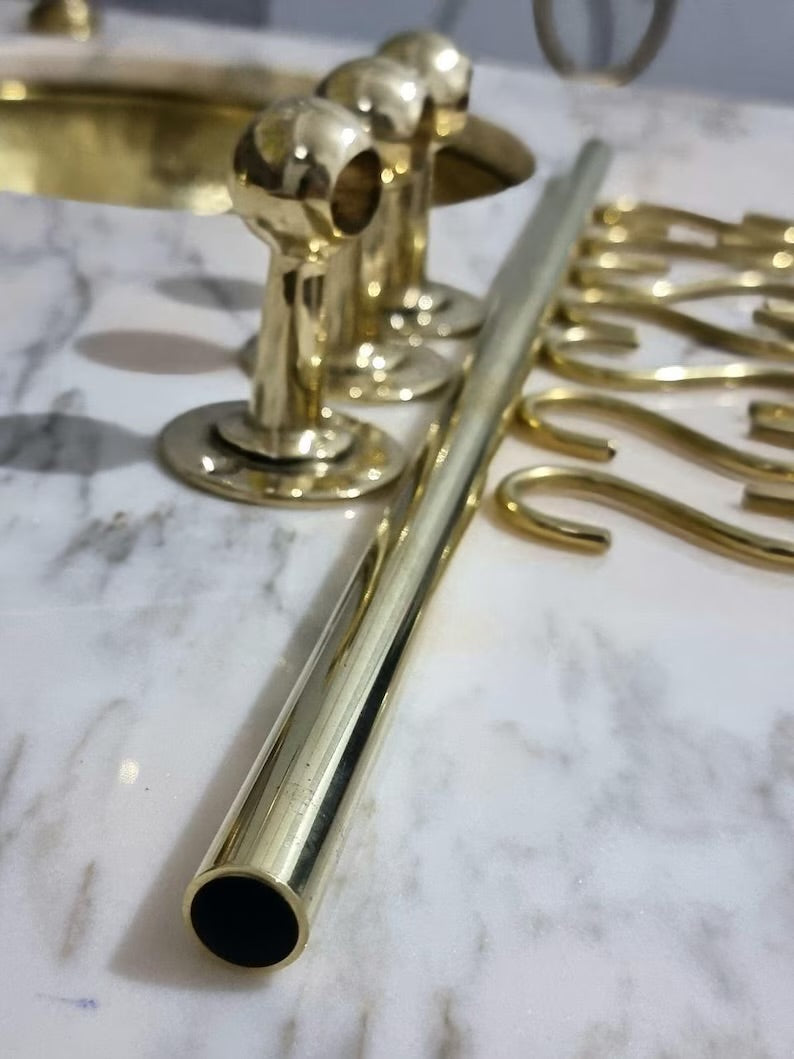 Unlacquered Brass Pot Rail with S Hooks – Antique Style Handmade Gold Brass Pot Rack, Rustic Wall & Ceiling Mounted Vintage Kitchen Storage