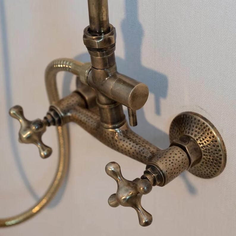 Oil-Rubbed Brass Shower System – Vintage Exposed Pipe Shower Set with Rain Head & Handheld Sprayer | Antique Brass Bathroom Fixture