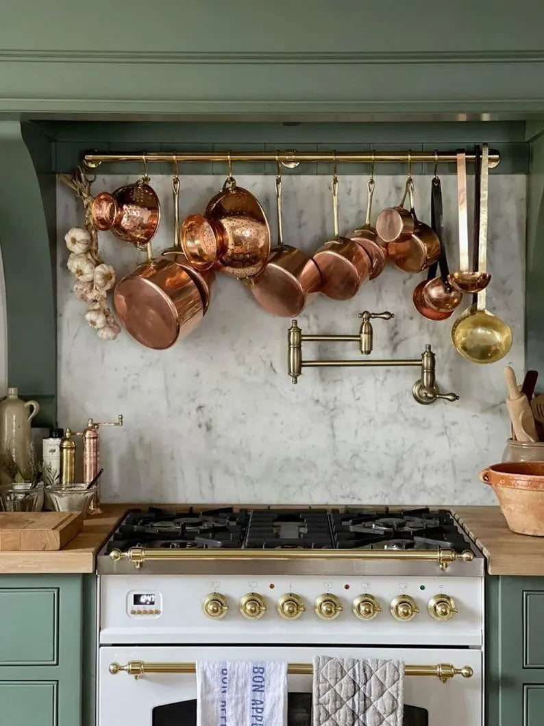 Unlacquered Brass Pot Rail with S Hooks – Antique Style Handmade Gold Brass Pot Rack, Rustic Wall & Ceiling Mounted Vintage Kitchen Storage