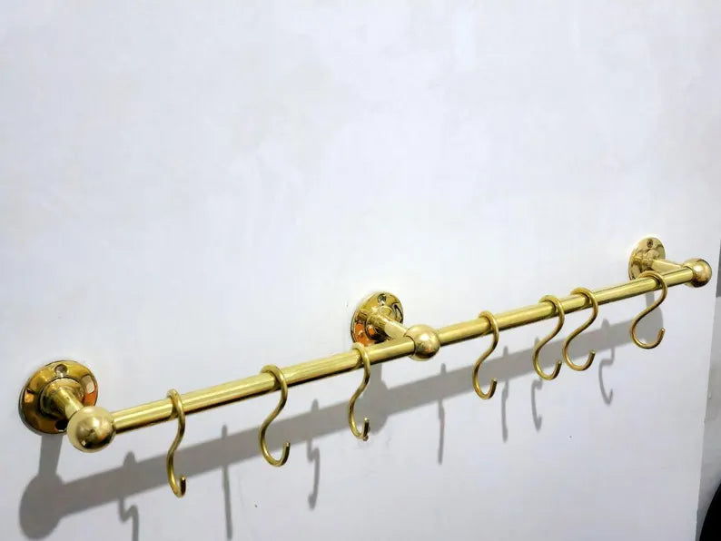 Unlacquered Brass Pot Rail with S Hooks – Antique Style Handmade Gold Brass Pot Rack, Rustic Wall & Ceiling Mounted Vintage Kitchen Storage