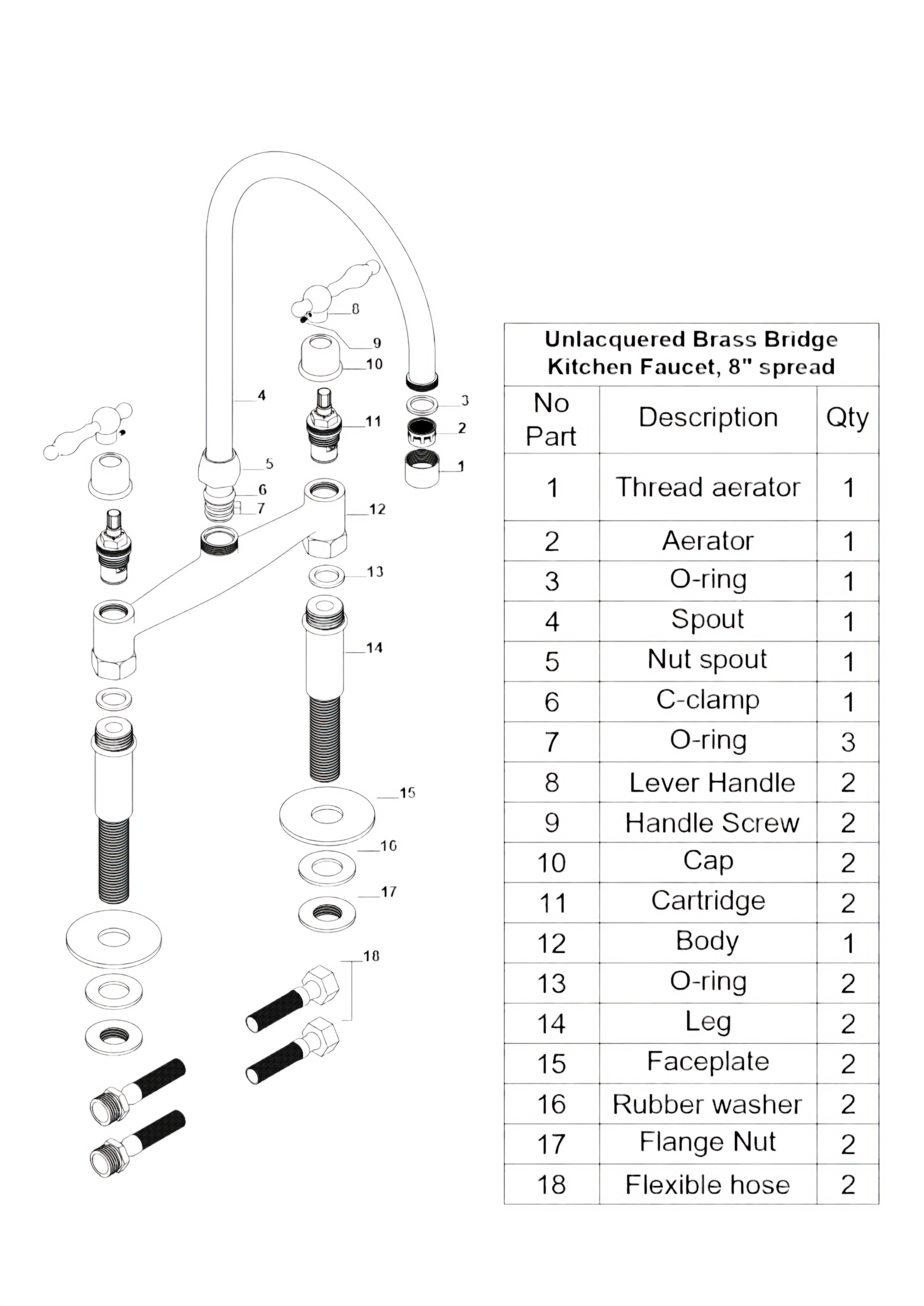 Unlacquered Brass Kitchen Faucet, Bridge Kitchen Faucet With Sprayer, Antique Brass Gold Faucet (8") - BRASSMA