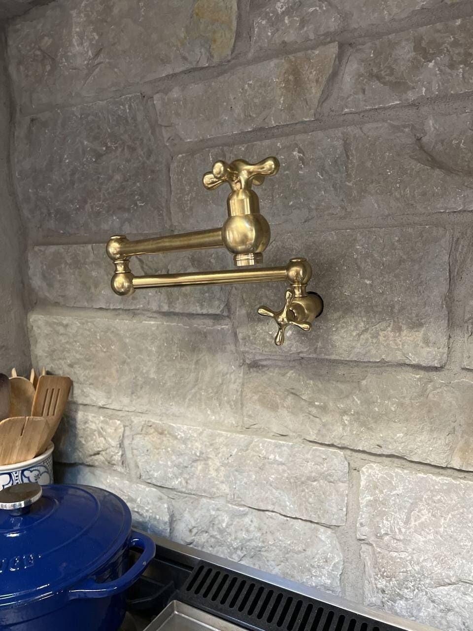 Unlacquered Brass Pot Filler with Cross Handle, Kitchen Brass Pot Filler, Antique Brass Pot Filler, Wall Mount Brass Faucet, Pasta Faucet