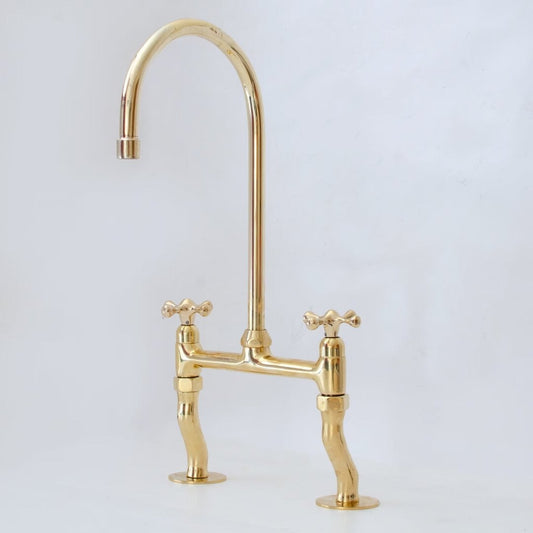 Vintage Patina, Solid Brass  Bridge Kitchen Faucet 8", Curved Legs, Cross Handles